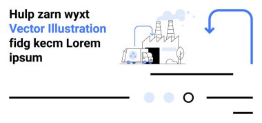 Bacalı fabrika binaları, teslimat minibüsü, aşağıya bakan oklar, örnek metin içeren metin blokları. Endüstriyel işlemler, lojistik, üretim, otomasyon, ulaşım ve modern işletmeler için ideal