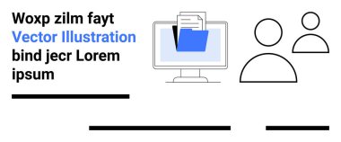 Belgeleri, mavi klasörü ve kullanıcı simgelerini gösteren bilgisayar monitörü. Dijital organizasyon, belge paylaşımı, takım işbirliği, iş akışı, bulut depolama, kullanıcı erişimi yönetimi için ideal