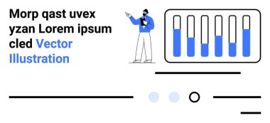 Bir sunum yapan adam, mavi çizgileri olan grafiğe bakıyor. Özellikler veri analizi, işletme yönetimi, takım toplantıları, bilgi grafikleri, stratejik planlama, görsel yardımlar, iletişim. İdeal