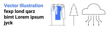 Askıdaki giysi, ağaç simgesi, devre çizgileri olan bulut depolama sembolü ve metin. Bulut depolama, moda, çevresel sürdürülebilirlik, teknoloji, veri yönetimi minimalizm iniş sayfaları için ideal