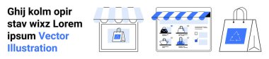 Soyut tasarımlı alışveriş çantası, çizgili tenteli mağaza önü ve ürün resimlerini gösteren bir web sayfası. E-ticaret, çevrimiçi alışveriş, dijital pazarlama, web tasarımı, perakende sektörü için ideal