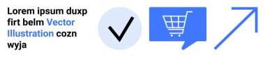 İşaretli sembol, alışveriş arabası simgesi mavi konuşma balonunda, köşegen yukarı doğru ok. E-ticaret, online alışveriş, başarı ölçümleri, büyüme, dijital pazarlama, iş analizleri için ideal. İniş sayfası