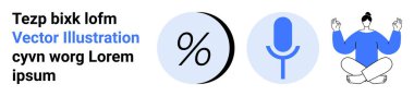 Yüzde işareti, mikrofon, düz tasarımda meditasyon yapan biri. İş, finans, iletişim, meditasyon, teknoloji uygulamaları, sağlık platformları veya eğitim içeriği için idealdir. İniş sayfası