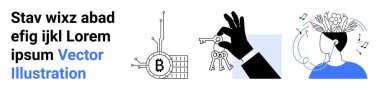 Bitcoin teknolojisi, anahtarları tutan bir el ve kafasında notalar olan bir kadın. Finans, güvenlik, müzik, teknoloji, yaratıcılık, yenilik, dijital pazarlama için idealdir. İniş sayfası