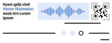 QR Code, sound wave graph, text, and abstract lines. Ideal for tech, digital content, media, data analytics, online tools, app interfaces. White background complemented by blue and black accents clipart