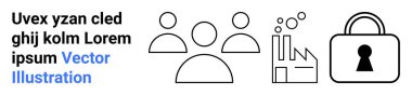 Basit insan simgeleri, endüstri ve asma kilit. Takım çalışması, işbirliği, endüstri, güvenlik, mahremiyet verimliliği ve yenilik için ideal. İniş sayfası