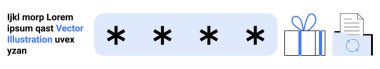 Yıldız işaretli parola alanı, kurdeleli hediye kutusu, kilit simgeli belge ve yer tutucu metin. Çevrimiçi güvenlik, veri koruması, şifreleme, web kimlik denetimi ve dijital hediyeler için ideal