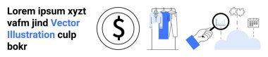 Çemberin içinde dolar işareti, askıdaki kıyafetler, büyüteç inceleme çizgisi grafiği ve bulutun içindeki takvim. Finans, moda, araştırma, veri analizi, iş teknolojisi planlaması için ideal