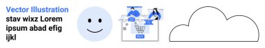 Alışveriş arabası, alışveriş torbası, gülen surat ve bulut ikonu. E-ticaret, çevrimiçi alışveriş, bulut hesaplama, müşteri memnuniyeti, dijital servis teknolojisi çözümleri web sitesi için ideal