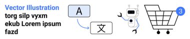 Robot dil sembollerini çeviriyor, uyarı etiketli bir alışveriş arabasını itiyor. E-ticaret, yapay zeka, dil çevirisi, alışveriş, otomasyon, teknoloji, bildirimler için ideal. İniş sayfası