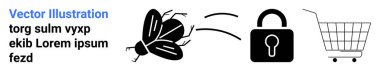 Çevrimiçi alışverişte siber güvenlik önlemlerini tasvir eden siyah bir böcek, asma kilit ve alışveriş arabası. E-ticaret güvenliği, dijital işlemler, çevrimiçi tehditler, güvenli alışveriş için ideal