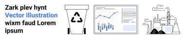 Geri dönüşüm kutusu, veri analizi çizelgeleri, kirlilik yayan bacalar. Çevre bilinci, veri entegrasyonu, endüstriyel etki, sürdürülebilirlik çabaları ve atık geri dönüşümü için ideal