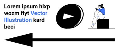 Genç bir kadın oturuyor ve tablet kullanıyor, büyük bir oyun tuşu, solu gösteren kalın siyah ok ve sahte metin. E- öğrenim, öğretici kılavuzlar, kullanıcı kılavuzları, çevrimiçi içerik, sunumlar için ideal