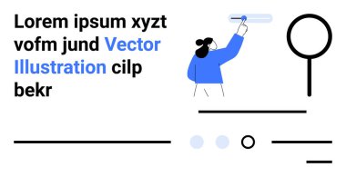 Mavi kıyafet yazıları, soyut çizgiler, büyüteç ve metin. Dijital platformlar, arama arayüzü, içerik oluşturma, eğitim araçları, pazarlama, kullanıcı deneyimi için ideal
