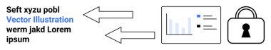 Metin mermileri, oklar bir bar çizelgesine doğru veri akışını ve güvenliği temsil eden bir kilidi vurguluyor. Veri gizliliği, bilgi koruması, analitik, siber güvenlik, bilgi grafikleri, sunumlar için ideal