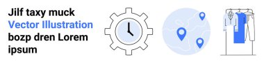 Gear clock symbolizing time management, map with location pins displaying global navigation, clothing rack indicating organization. Ideal for business efficiency, logistics, time planning, travel clipart