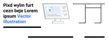 Ofis masasında bir monitör var. Veri göstergesi, yer tutucu metin ve mavi elementleri gösteriyor. Çalışma ortamı, ev ofisi, iş yeri, teknoloji blogları ve eğitim araçları için ideal