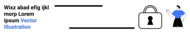 Adam, üzerinde anahtar deliği olan büyük bir asma kilidin yanında duruyor. Üzerinde yer tutucu metin ve mavi hiperlinkler var. Güvenlik, gizlilik, çevrimiçi koruma, teknoloji, web tasarımı, dijital güvenlik, veri