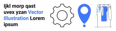 İkona simgesi, konum rozeti ve tişörtlerin yanında yer tutucu metni olan giysi askılığı. Teknoloji, konum hizmetleri, moda, UIUX tasarımı, reklam görselleri ve blogları için ideal. İniş sayfası