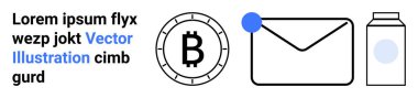 Bitcoin sembolü, zarf ve süt kutusu dijital finans, e-posta iletişimi ve günlük yaşamı yansıtır. Finansal teknoloji, dijital iletişim, günlük yaşam tarzı, modernizasyon ve minimalizm için ideal