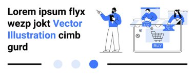 E-ticaret arayüzleri ile etkileşime giren takım üyeleri alışveriş arabalarını ve çevrimiçi işlemlerini parmakla gösteriyorlar. E-ticaret, takım çalışması, online alışveriş, iş stratejisi için ideal