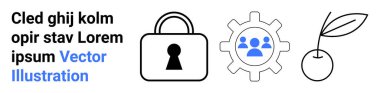 İllüstrasyon kilidi, üç kullanıcı simgesi ve yer tutucu lorem ipsum metninin yanında büyüyen bitki simgesi. Güvenlik, takım çalışması, büyüme, teknoloji, girişimler, dijital pazarlama için ideal