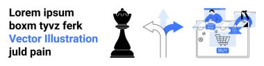 Lorem ipsum 'a mesaj at, siyah satranç taşı, farklı yönleri gösteren oklar, bireylerle online alışveriş arabası. Karar verme, strateji, e-ticaret, dijital pazarlama, seçim haritalama için ideal