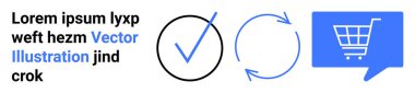 Çemberin içini işaretle, okları tazele, mavi konuşma balonunda alışveriş arabası, sahte mesaj Lorem ipsum, vektör tarzı, mavi ve siyah tonlarda. E-ticaret, UI tasarımı, web siteleri, mobil uygulamalar için ideal