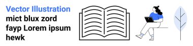 Açık kitap ikonu, dizüstü bilgisayarlı bankta oturan kadın ve minimalist ağaç. E-öğrenme, dijital eğitim, çevrimiçi kurslar, kendi kendine çalışma, okuma, teknoloji, uzaktan öğrenme için idealdir. İniş sayfası