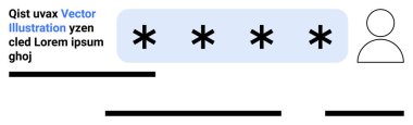 Gizli metni, yer tutucu metin satırlarını ve kullanıcı simgesini gösteren yıldız işaretli parola girişi kutusu. Siber güvenlik, kullanıcı kimlik denetimi, giriş sayfaları, kimlik doğrulama, veri koruması için ideal