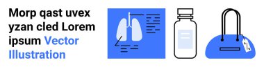Akciğerler tıbbi şema, ilaç şişesi ve etiketli el çantası. Sağlık, tıbbi öğrenim, ilaç, hastalık önleme, seyahat ilaçları, bilgilendirme içeriği eğitim materyali için ideal