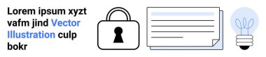 Kilit simgesi, belge yığını ve parlayan ampul. Güvenlik, bilgi yönetimi, yenilik, teknoloji, veri koruma fikri yaratıcılığı için idealdir. İniş sayfası