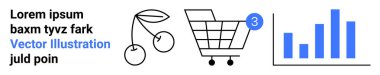 Bildirimli alışveriş arabası, kirazlar, bar grafiği ve siyah-mavi yer tutucu metni. E-ticaret, veri analizi, çevrimiçi alışveriş, perakende mağazaları, iş sunumları, pazarlama için ideal