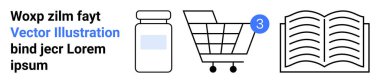 İlaç şişesi, bildiri rozetli alışveriş arabası, açık kitap. Çevrimiçi alışveriş, eczane hizmetleri, e-ticaret platformları, okuma materyalleri, dijital kütüphaneler, web tasarımı, iniş sayfası için ideal