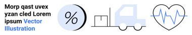 Mavi daireli siyah yüzde işareti, gri ve mavi teslimat kamyonu, mavi kalp atışı çizgisi olan siyah kalp. Finans, nakliye, sağlık, perakende, ticaret, raporlar, sunumlar için ideal. İniş