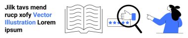 Büyüteç, yıldız eleştirileri, açık kitap, arka planda yer tutucu metni olan kişi. Eğitim içeriği, değerlendirmeler ve reytingler için ideal, analiz, araştırma, dijital