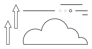 Yukarıya bakan okları olan bulut simgesi, veri hareketini gösteren çizgiler ve noktalar. Bulut teknolojisi, veri transferi, internet bağlantısı, depolama çözümleri, sanal hizmetler, yazılım için ideal