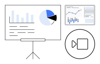 Bar çizelgesi, pasta tablosu ve metin içeren beyaz tahta. Ekran çizgi grafiğini ve çubuk grafiğini gösteriyor. Video konferans ikonu. İş toplantıları için ideal, uzak çalışma, veri analizi, sunumlar, webinarlar