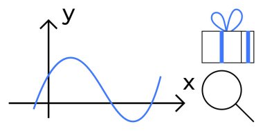 Coordinate system with blue line graph, wrapped gift and magnifying glass. Ideal for data analysis, rewards, marketing strategies, financial growth, research, business presentations, performance clipart