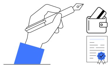 Dolma kalem tutan, belge imzalayan, kartlı cüzdan ve mavi mühürlü sertifikalı kağıt. Finans, işlemler, sözleşmeler, banka sertifikası güvenlik işi için idealdir. Çizgi