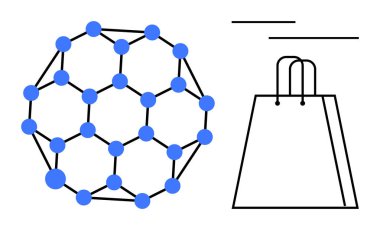 Alışveriş çantasının yanındaki mavi düğümlü jeodezik kubbe yapısı teknoloji-ticaret sinerjisini sembolize ediyor. Pazarlama, e-ticaret, teknoloji, yenilik, bağlantı, perakende, fütürist kavramlar için ideal