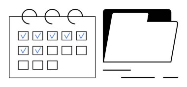 Tamamlanmış görevleri ve organize belgeleri sembolize eden boş bir dosya dizininin yanı sıra çoğu tarihte kontrol işaretleriyle takvim. Zamanlama, görev yönetimi, verimlilik, organizasyon ve planlama için ideal