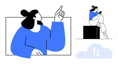 Yukarıya doğru bakan bir kadın, telefonda okuyan başka bir figür, oklu bir bulut. Teknoloji, iletişim, eğitim, bulut hizmetleri, takım çalışması, sunumlar için ideal dijital içerik. Satır metaforu