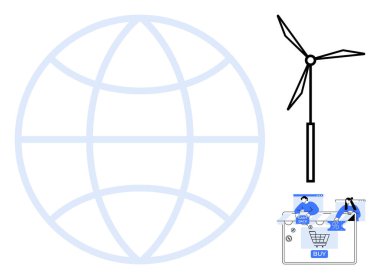 Rüzgar türbini ve çevrimiçi alışveriş unsurları olan dünya çevre dostu teknolojiyi, yenilenebilir enerjiyi ve dijital ticareti temsil ediyor. Sürdürülebilirlik, yeşil enerji, e-ticaret, çevre için ideal