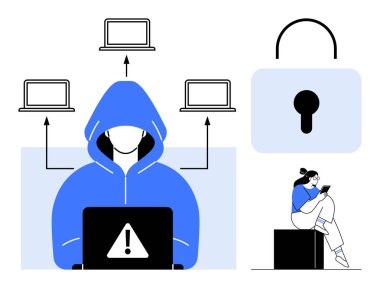 Kapüşonlu kapüşonlu bir bilgisayar korsanı, birden fazla dizüstü bilgisayara bağlı, büyük bir asma kilit, akıllı telefonu olan biri. Siber güvenlik, veri koruması, çevrimiçi güvenlik kampanyaları ve bilgisayar korsanlığı için ideal.