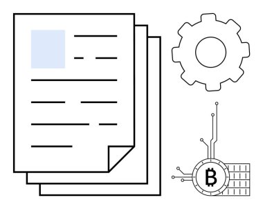 İki belge, bir dişli tekerlek ve çizgilerle birbirine bağlı bir bitcoin sembolü. Engelleme zinciri, belge yönetimi, kripto para birimi, teknoloji ve dijital veri sunumu için ideal. Minimalist, temiz