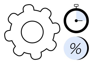 Üretkenliği temsil eden dişli, zaman takibini gösteren kronometre ve performans ölçümleri için yüzde sembolü. İş süreçleri, proje yönetimi, zaman izleme ve verimlilik için ideal