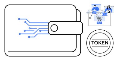 Devreli dijital cüzdan, e-ticaret hesabı için akıllı telefonu tutan eller, bozuk para. Dijital ödemeler, kripto para birimi, blok zinciri, çevrimiçi alışveriş, fintech, mobil işlemler için ideal