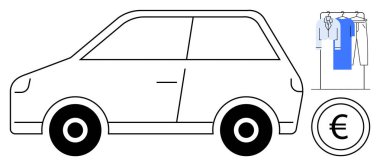 Üzerinde farklı giysiler ve Avrupa para birimi ikonu olan bir araba. Araba kiralama hizmetleri, ulaşım, seyahat masrafları, lojistik, turizm, gider yönetimi, taşınabilirlik çözümleri için ideal. Çizgi
