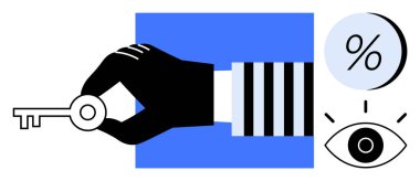 El ele tutuşmanın anahtarı, beyaz arka planda yüzde sembolü ve göz simgesine bitişik. Güvenlik, erişim, finans, analiz, vizyon, veri içgörüleri ve optikle ilgili kavramlar için idealdir. Satır metaforu